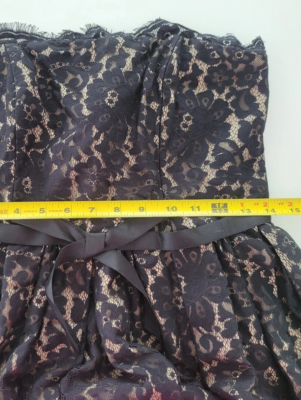 Strapless Black Lace Dress with Cream Lining and Satin Waist Bow Size 6